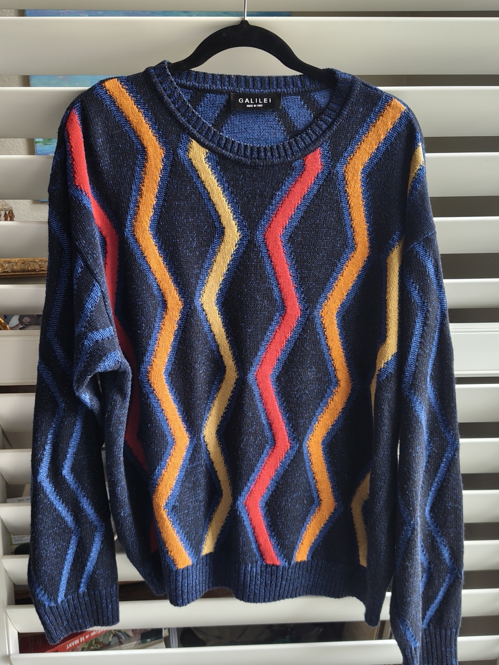 Galilei Navy Crewneck Sweater with Colorful Zigzag Stripes